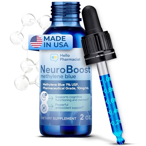 HelloPharmacist NeuroBoost Methylene Blue 1% - 2Oz (60 mL) - Pharmaceutical USP Grade 99.99% Purity - Lab Certified - Made In The USA - 1mL Graduated Dropper (10mg/1mL) - Trusted HelloPharmacist Brand
