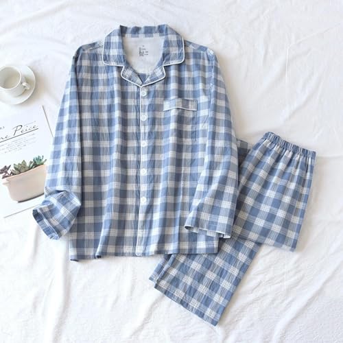 Cotton Pajama Sets for Men Long Sleeve Plaid Printed Button Down Pockets Tops and Elastic Waist Comfy Long Pants2