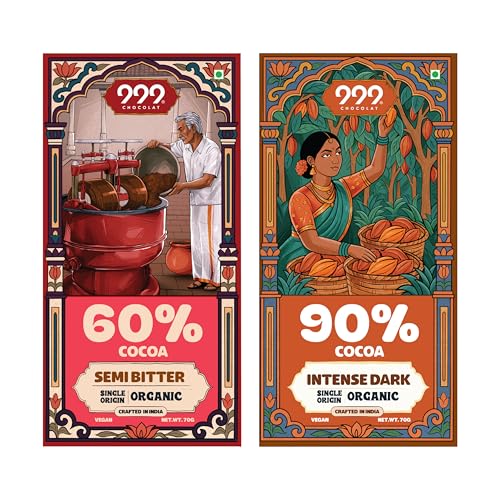 Image of 999 Chocolat Organic Dark Chocolate Combo (Pack of 2) | 60% Semi Bitter with Nuts & Raisins + 90% Intense Dark | Vegan | Bean-to-Bar | Organic | No Refined Sugar | Keto & Gluten-Free | Healthy Chocolate Gift | Made in India (2x70g)