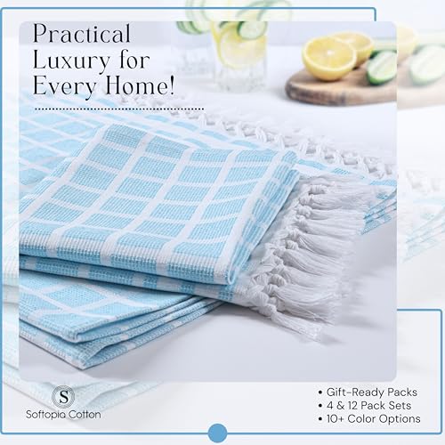 Image of 4 Pack Combo Colors Matrix Kitchen Towels, 100% Cotton, 16 inchx26 inch, Absorbent Tea Towel with Handmade Tassels, Reusable Cleaning Cloths - Lavender, Sandal Yellow, Aqua Blue, Forest Green
