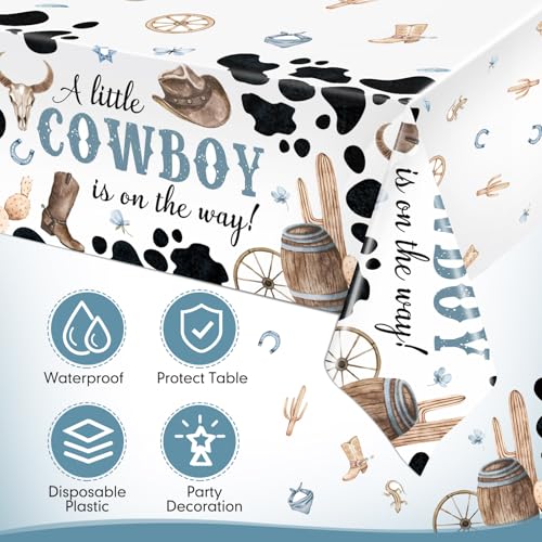 Image of Ganeen 3 Pcs Western Cowboy Party Decorations Cowboy Tablecloth Disposable Plastic Table Cover Waterproof Tablecloth for Western Rodeo Baby Shower Birthday Party Decor, 54 x 108 Inch