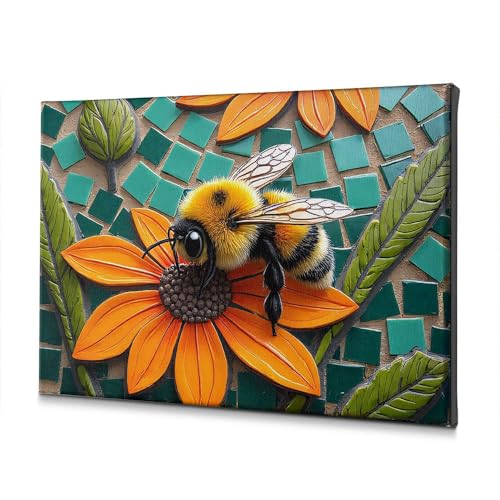 Toile colorée abeille fleur orange PKRD tableau vert 40x60