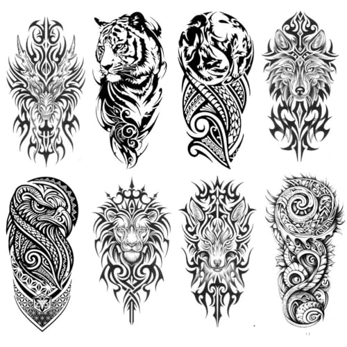 Oottati 8 Sheets Tribal Temporary Tattoos, Waterproof Realistic Black & Gray Dragon Tiger Fox Wolf Eagle Stickers, Trendy Body Art for Arm Calf Adults