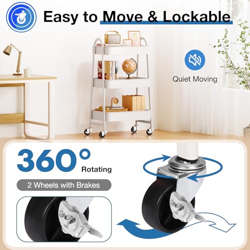 Image of OLIXIS Metal Utility Cart, Mobile Rolling Storage Shelf with Lockable Caster Wheels, Organization for Livingroom, Bathroom & Narrow Places, 3 Tiers White
