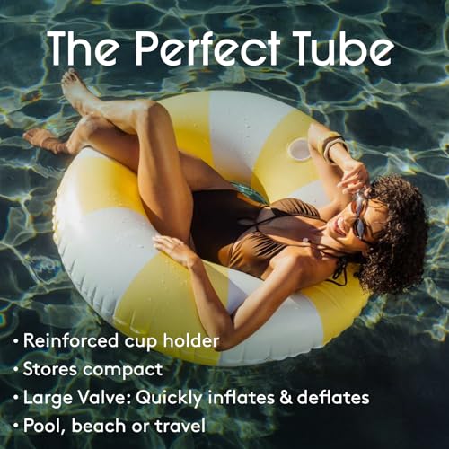 Image of FUNBOY Giant Yellow & Blue Stripe Inflatable Pool Float with Cup Holder, 48 inch Adult Inner Tube Swim Ring Pool Lounger