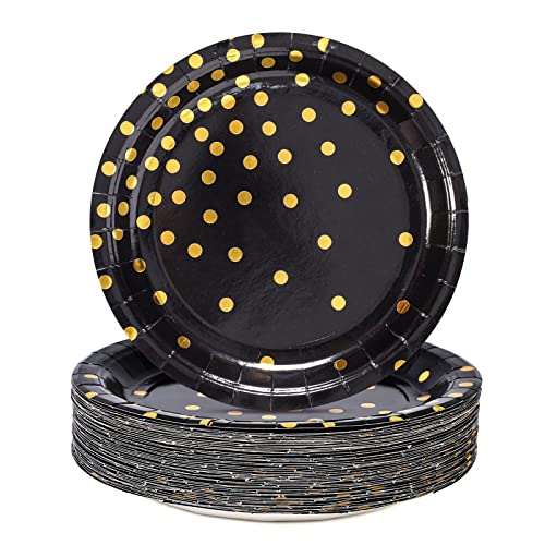 100PCS Black and Gold Paper Plates,7" Gold Dots Dessert Plates for Birthday