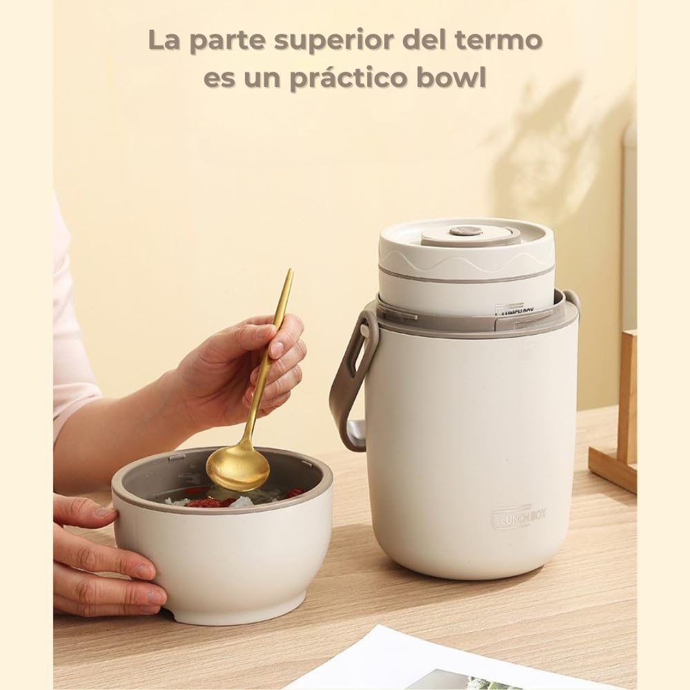 Genérico Termo para Alimentos con Compartimentos, Diseño Agradable y Funcional - Blanco y Beige - 1,2 Litros y 1,5 Litros (2 o 3 recipientes) - Plato incluido y Asa de transporte. (Blanco, 1,5 L)