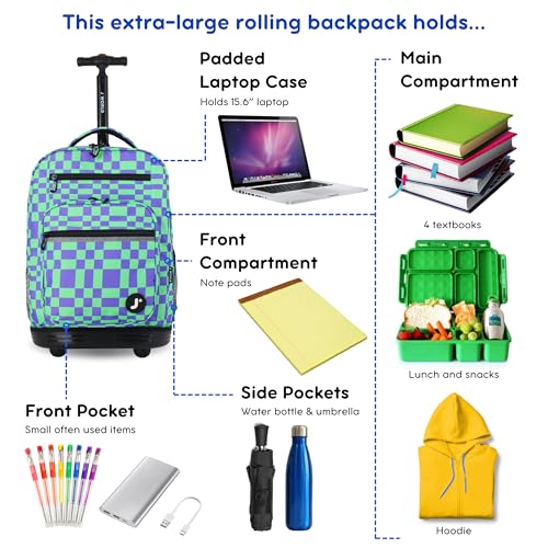 Image of J World Sundance Laptop Rolling Backpack for Girls Boys. Roller Bookbag with Wheels, 20 Inch, Pixel Checkers