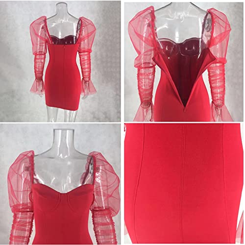 Image of Uni Clau Women Sexy Mesh Sheer Puff Long Sleeve Mini Dress Bodycon Deep V Neck Patchwork Party Clubwear Dress