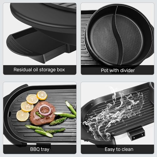 Image of SEAAN Hot Pot with Grill, Korean BBQ Grill Indoor Hotpot Pot Electric Combo, Shabu Shabu Pot with Divider KBBQ Grill Smokeless Non-stick Separate Dual Temperature Control, for 2-12 People, 110V