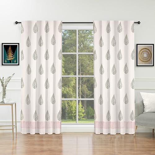 Image of THE LINEN COMPANY Cotton Duck Canvas Curtains 6 Feet Long, Printed Leaf Curtains for Door & Window, 6ft Set of 2, Green Leaf