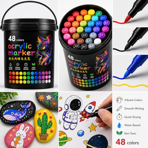 Image of SMILE Professional 48 Colors Acrylic Marker Pen Set - Multi Surface Paint Pens for Rock, Glass, Canvas, Wood, Ceramic, DIY Craft & School Projects