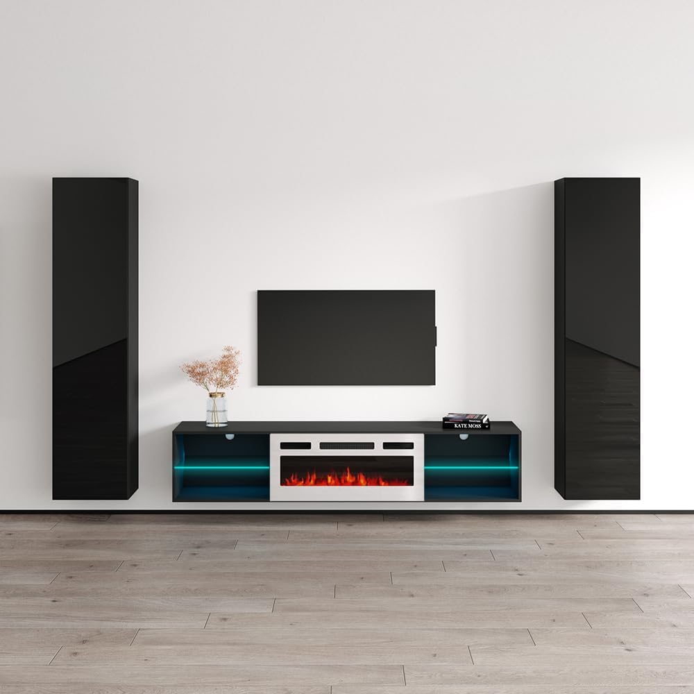 Meble Furniture Lima WH-EF 40TV Stand — Wall-Mounted Electric Fireplace Entertainment Center — Modern Storage Console, 40.2 W x 14.1 D x 19.3 H inches — Black