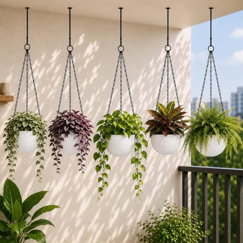 Image of Go Hooked Henri Hanging Planter Pot for Indoor & Outdoor Plants Pack of 5 | 7 Inch Plastic Hanging Pots with Metal Chain | Decorative Round Hanging Planter for Balcony, Garden & Home Decor (Marble)
