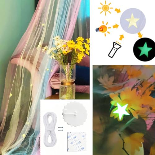 Image of Rainbow Bed Canopy Mosquito Net, Princess Bed Canopy for Girls Room Decor or Unicorn Theme Party(Rainbow,with Stars Glow in the Dark)