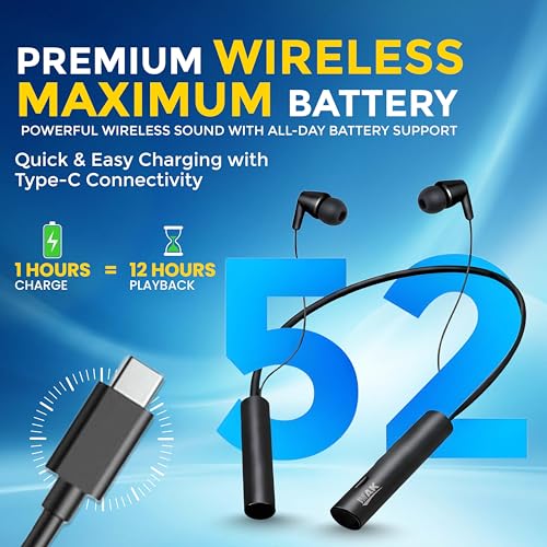 Image of MAK Stylish Bluetooth Neckband Headset with 12mm Dynamic Bass Driver, Magnetic Earbuds, Fast Type-C Charging & All-Day Comfort in Black.