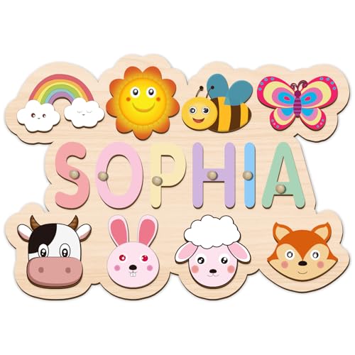 Image of Name Puzzle for Kids Personalized, Custom Wooden Name Animal Puzzle, Montessori Learning Toys for Toddler 1-3, First Birthday Gifts for Girls&Boys