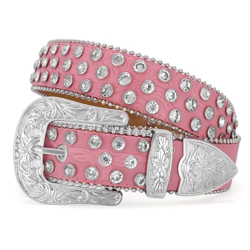 WERFORU Western Rhinestone Leather Belt,Cowgirl Cowboy Bling Belt For Jeans With Silver Vintage Western Buckle