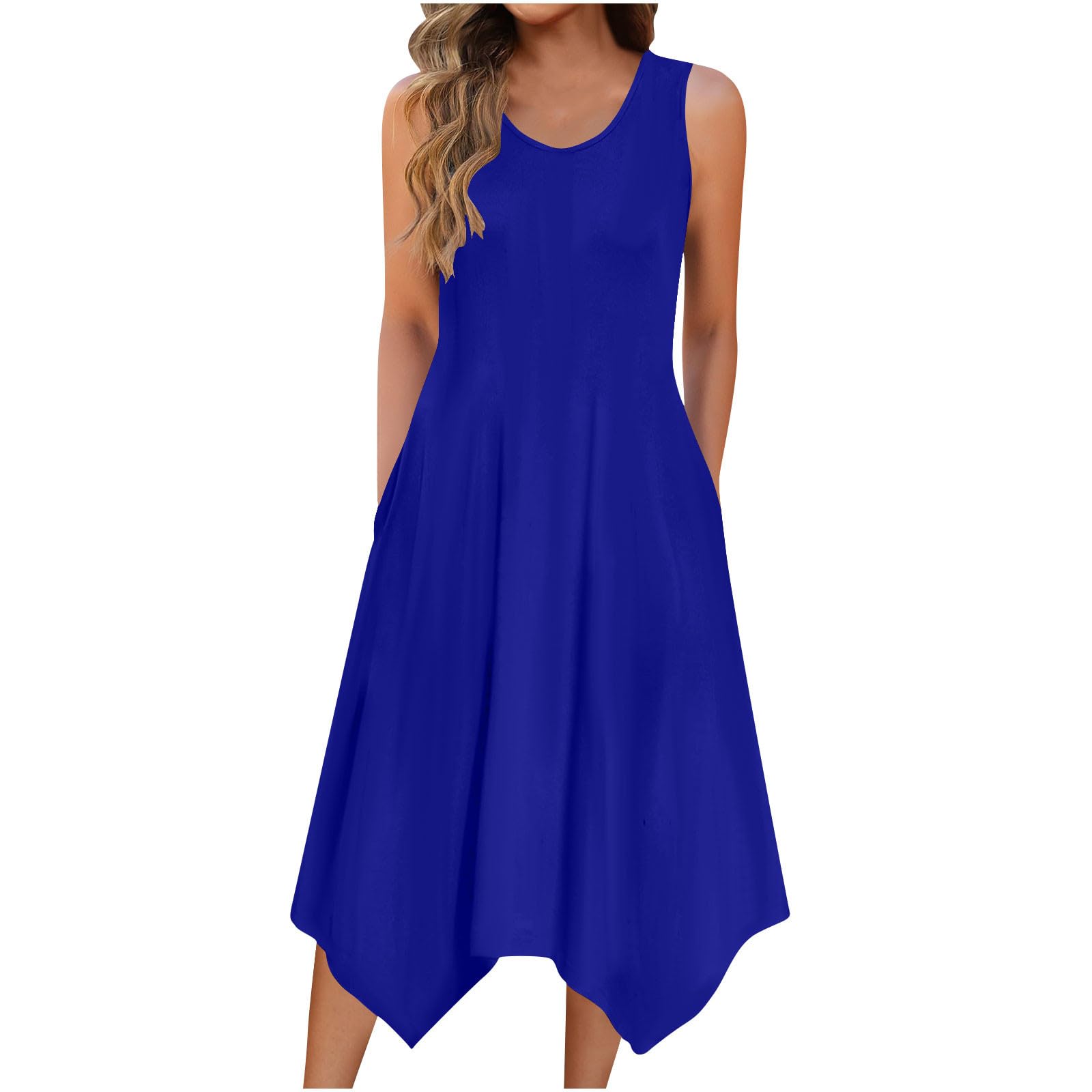 Summer Dresses for Women 2025 Sleeveless Crewneck Casual Midi Tank Dress Loose Flowy Beach Sundress with Pockets(Blue,XX-Large)