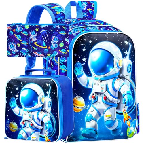 Image of WZLVO 3PCS Kids Astronaut Backpack for Boys, 16 inch Cool UV Printing Bookbag /School Bag with Lunch Box & Pencil Bag for Preschool to Elementary - Astronaut Waving