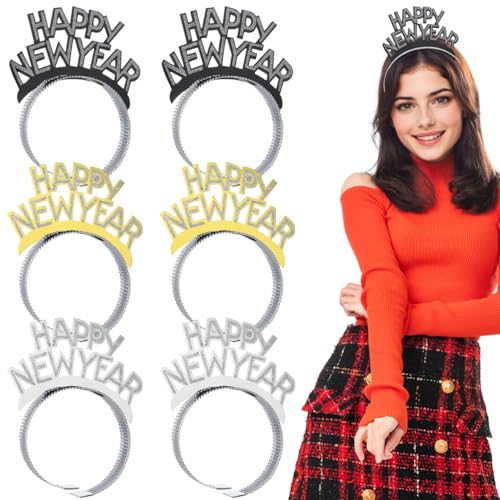 Amosfun HAPPY NEW YEAR Headband Tiara New Years Party Favors Gold Silver Black 12 Pieces