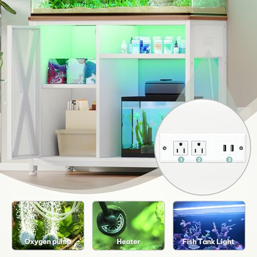 Image of YITAHOME Fish Tank Stand with Power Outlets & LED Light, 40-50 Gallon Metal Aquarium Stand with Cabinet for Fish Tank Accessories Storage for Turtle Tank, Reptile Terrarium, 660LBS Capacity, White
