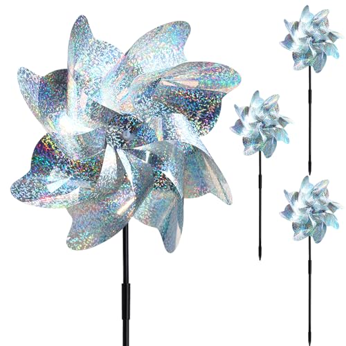 4Pcs Reflective Bird Scarer Windmill | Double Sided Holographic Reflective Pigeon Deterrent Bird Repellent Windmill | Wind Spinners for Garden Home (Height 52cm)