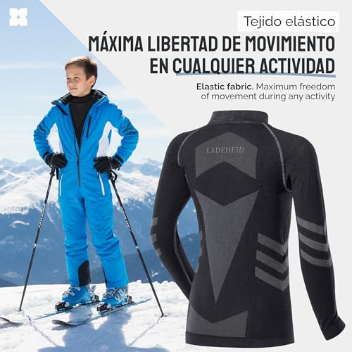 Ladeheid Camiseta Térmica Niño Manga Larga – Camiseta Deportiva de Compresión, Ropa Interior Funcional Unisex Niños, Transpirable y Cálida para Invierno y Deportes LAGI007 (Negro/Grafito, 146-152)