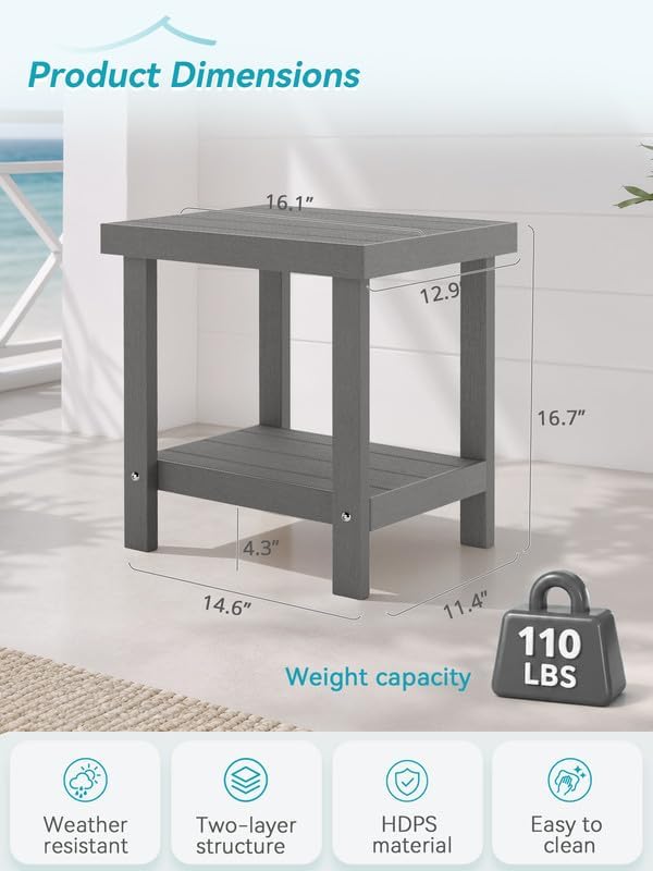 16 Inch Outdoor End Table, 2 Tier HDPS Patio Side Table, Grey