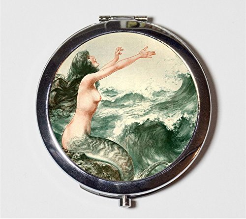 French Mermaid Compact Mirror Parisian Nautical Art Nouveau Deco Make Up Pocket Mirror for Cosmetics