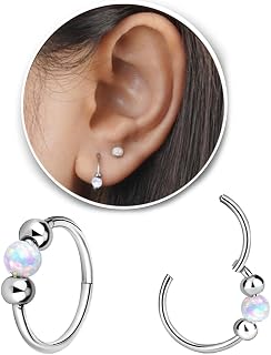 2 Pcs Small Cartilage Hoop Earrings for Women Men, 18G Opal Silver Earrings Hypoallergenic 316L Surgical Steel Hinge Huggie Hoop Earrings for Helix,Tragus,Conch,Rook,Earlobe Piercing Jewelry Nose Ring