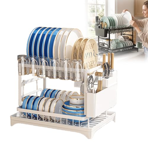 Premium 2-Tier Dish Rack 2 Tier Dish Drainer Drying Rack Dish Drying Rack Stainless Steel Dishes with Utensil Holder and Cup Holder for Kitchen Counter (white)