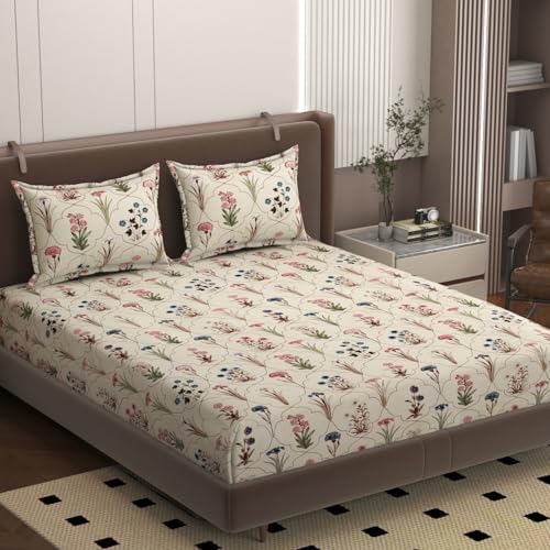Image of Auralia Premium Cotton Fitted Bedsheet Set - King Size (78x72 Inches) with 2 Pillow Covers - Smooth & Stylish Finish Comfort & Modern Look (Pack of 1)