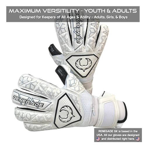 Image of Renegade GK Triton Polaris Goalie Gloves with Pro-Tek Fingersaves | 3.5+3mm Super Grip| White & Black Soccer Goalkeeper Gloves (Size 5, Kids, Boys, Girls, Roll Cut, Level 2)