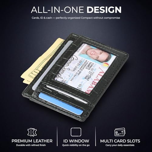 Image of Genuine Leather Slim Card Holder Wallet for Men - Premium and Stylish Card Holder with Capacity for 7-10 Cards and Currency Compartment - Stylish and Functional Leather Wallet - Green