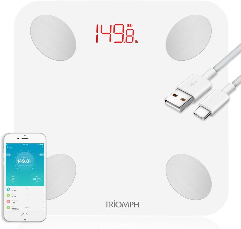 Rechargeable Smart Bluetooth Scale, USB Charging Body Fat Scale with IOS and Android App Digital Bathroom Scale for Weight, Body Fat, Water, Muscle, BMI, BMR, Bone Mass and Visceral Fat, White