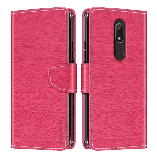 Étui Portefeuille en Cuir PU à Rayures Compatible avec Wiko View Prime, Coque Fine avec Rabat Magnétique, Emplacements Cartes et Support (Rouge Rose)