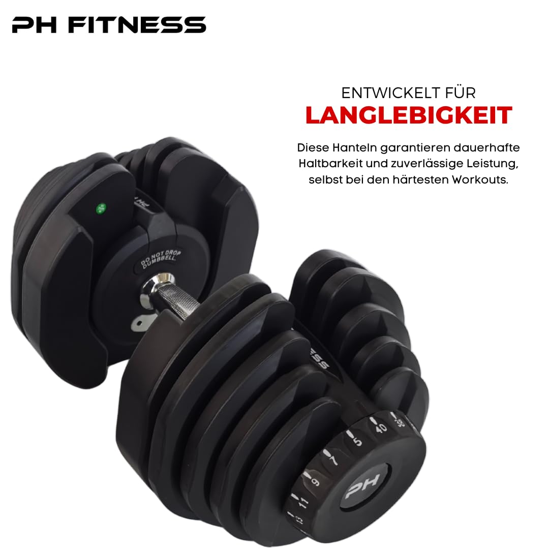 PH Fitness Verstellbares Hantelset - Platzsparendes Hantelset mit 15-17 Gewichtseinstellungen für Heim-Fitnessstudio, Körpertraining, Fitness, Gewichtheben & Workout (2 Stück)