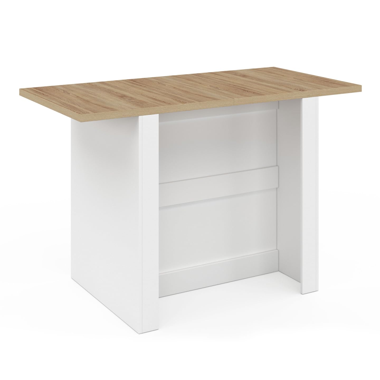 IDMarket - Ilot Central BAO 140 cm 4 Personnes Bois Blanc avec Plan de Travail façon hêtre
