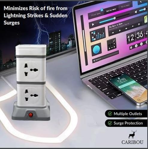Image of Caribou CBU-35 Power Tower Extension Board with USB Ports | 8 Universal Power Sockets| Overload Protector | Led Indicator| 2.0 mtr ISI Approved Cord| Multi-Plug| 2500w|2.4A USB Port|Made in India
