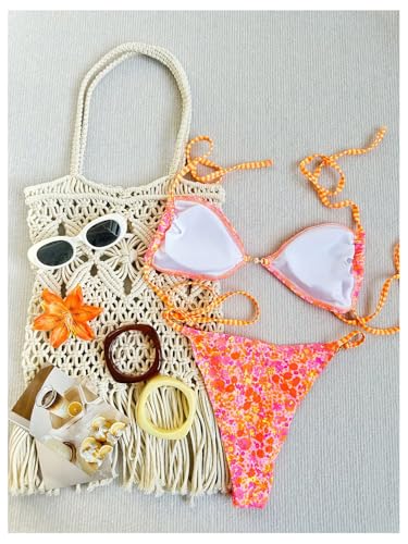 Image of RoseSeek Women's Floral Print Cheeky Bikini Sets Pearl Decor Halter Triangle High Cut String Thong Swimsuits