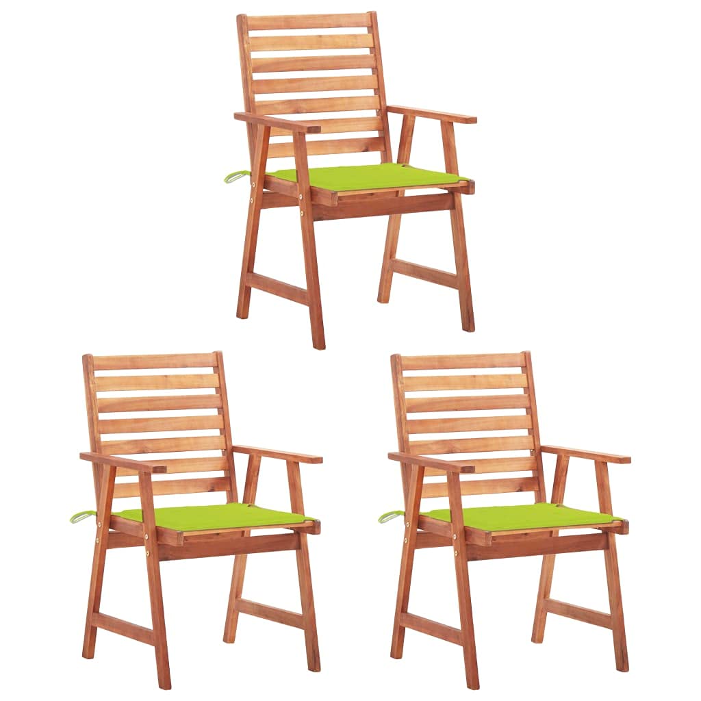 Set di 3 sedie da pranzo da giardino con cuscini in legno di acacia massiccio, design a doghe per un fascino rustico, cuscini in poliestere impermeabili con nastri di fissaggio, portata fino a