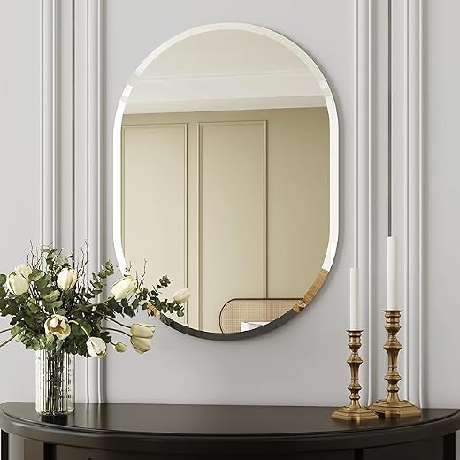SEVEN HORSES Pill Shaped Frameless Mirror Wall Mirror, Modern Oval Bathroom Mirror with Polished Edge, for Bedroom Bathroo...