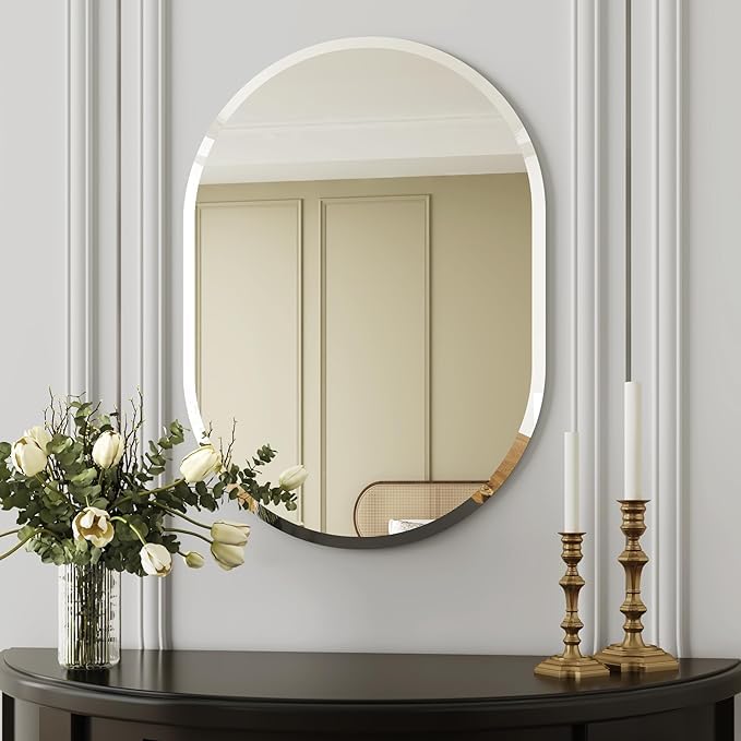 SEVEN HORSES Pill Shaped Frameless Mirror Wall Mirror, Modern Oval Bathroom Mirror with Polished Edge, for Bedroom Bathroom Livingroom Gym Entryway and More (Size 14x20 Inch)