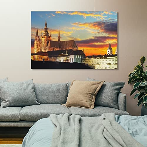 City Landscape Art Canvas Prague Castle Canvas City Landscape Art Sunset Landscape Wall Art Wall Art Paintings Canvas Wall Decor Home Decor Living Room Decor Aesthetic 24X36Inch(60X90Cm) Frame #TOP6