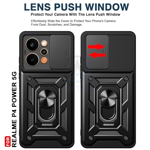 Image of AESTMO Tough Armor Realme P4 Power 5G Bumper Back Case Cover | Ring Holder & Sliding Camera Shield Cover | 360 Degree Protection Back Case Cover for Realme P4 Power 5G (Black)