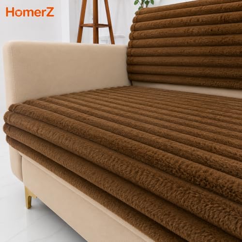 Image of Homerz Premium Rabbit Fur Sofa Cover with Anti-Skid Backing, Soft Plush Fabric Sofa Protector for Living Room Furniture (Brown, 7 (3+2+2) Seater, Seat Cover with Backrest)