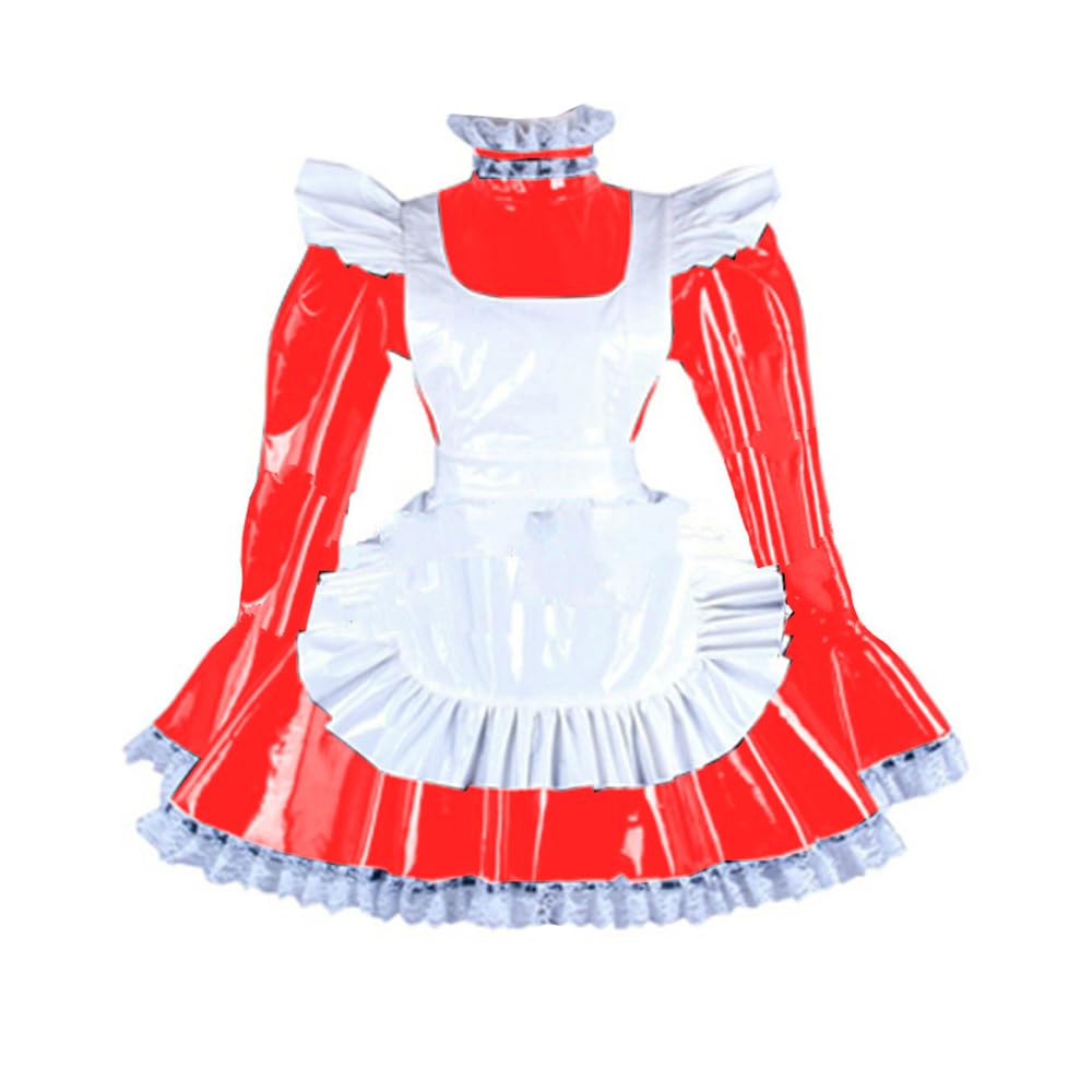 ERFSQIYALHJ Lockable Lovely Maid Uniforms Sissy Long Sleeve A-line Dress with Apron Halloween Cosplay (Red,7XL)
