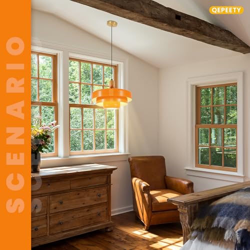 Image of 2-Pack Orange Pendant Lights, Mid Century Modern Metal & Wood Hanging Lamps, Adjustable 59 inch Cord, E26 Base for Kitchen Island Dining Room Entryway
