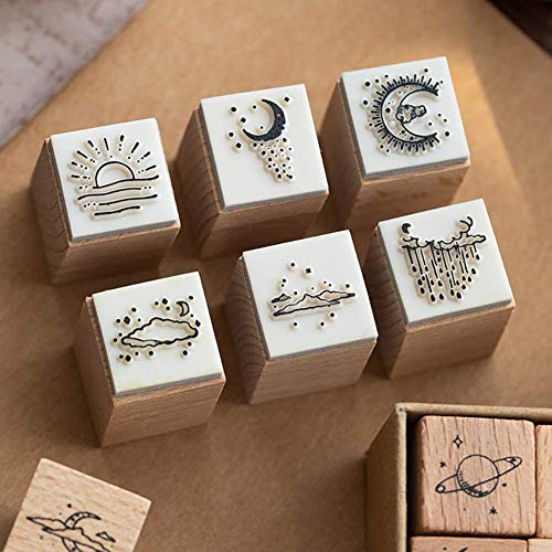 Fciqven 16 Pcs Vintage Wooden Rubber Stamp Set, Moon Decorative Stamp Wood Rubber Stamp for DIY Craft, Scrapbooking, Card Making, Gift Wrapping, Journals - Thumbnail 7